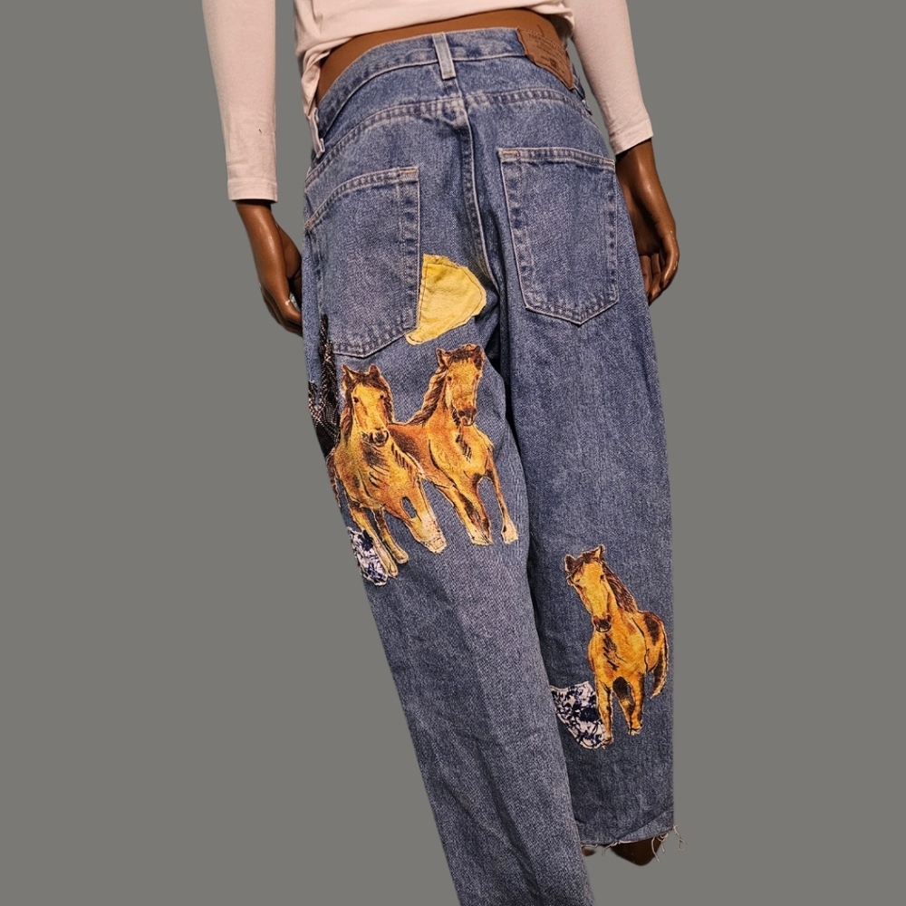 Faded Glory denim size 29-30 W with western inspired patchwork design